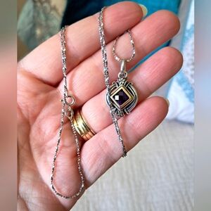 Sterling Silver 14K Gold Amethyst & White Topaz Pendant w/Italian Silver Chain